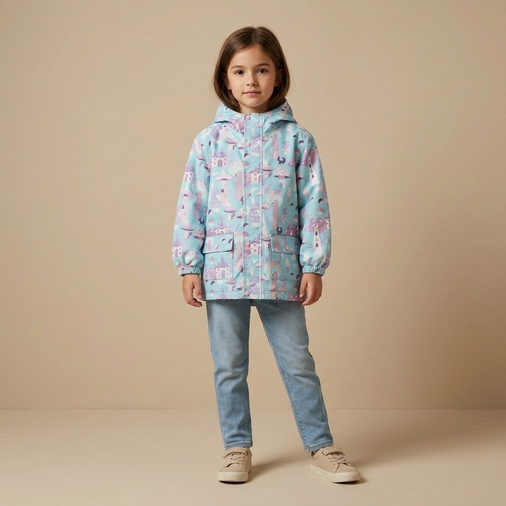 JAN & JUL Girls Raincoat 5T Blue Polyester Whimsical Mushroom Castle Print
